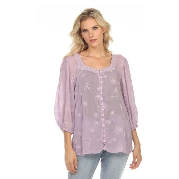 Johnny Was Tops - Johnny Was Lavender Embroidered Button Down Square Neckline Rayon Blouse